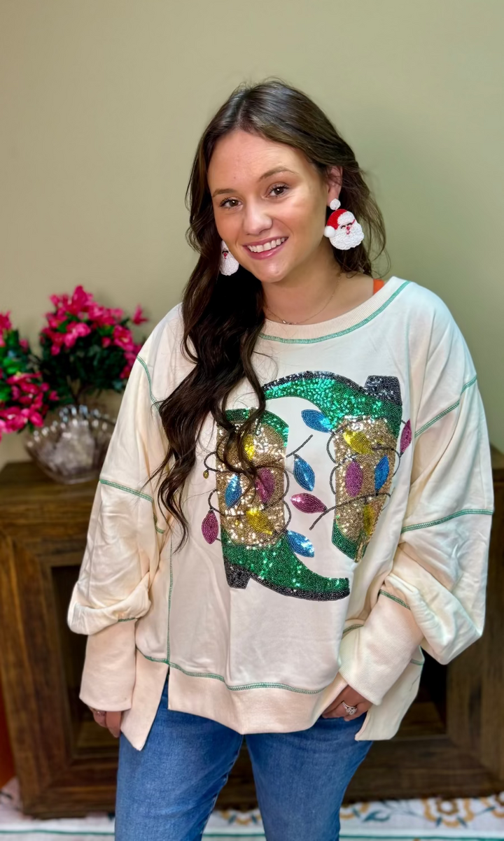 Multicolor Sequin Boot Christmas Sweater- Wild Azalea Boutique
