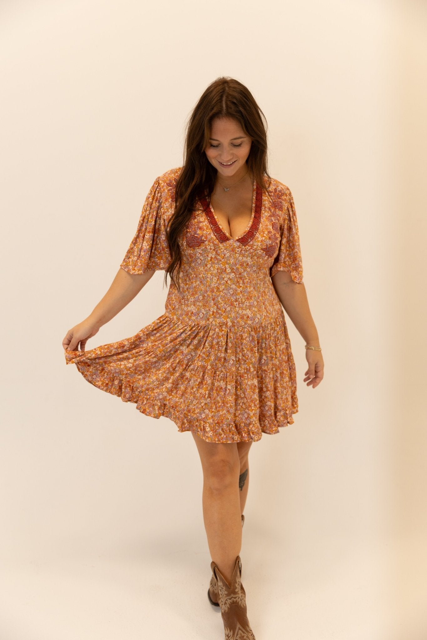 Angie Boho Floral Tiered Fall Mini Dress - Wild Azalea Boutique