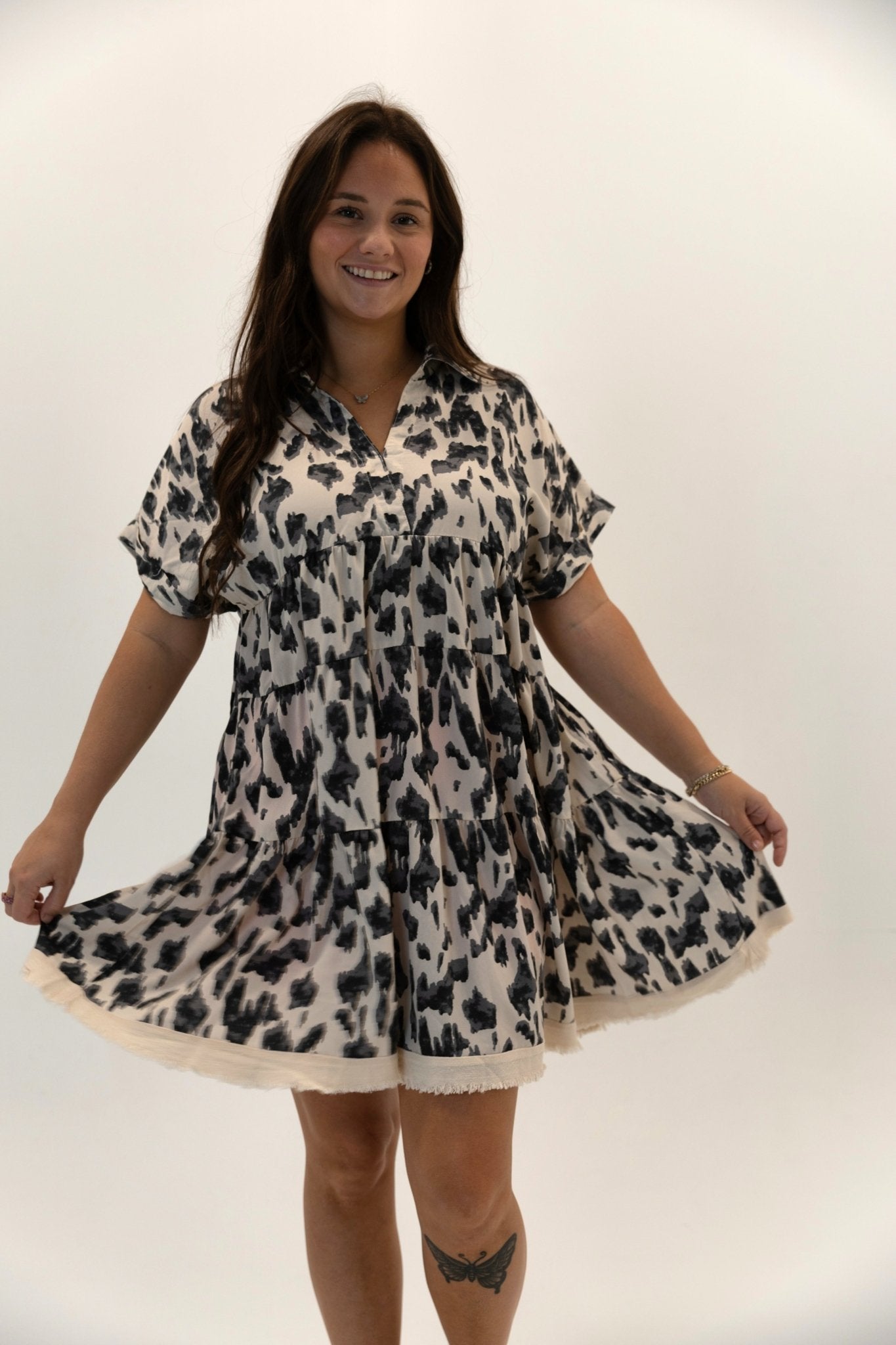 Animal Print Collared Split Neck Tiered Dress - Wild Azalea Boutique