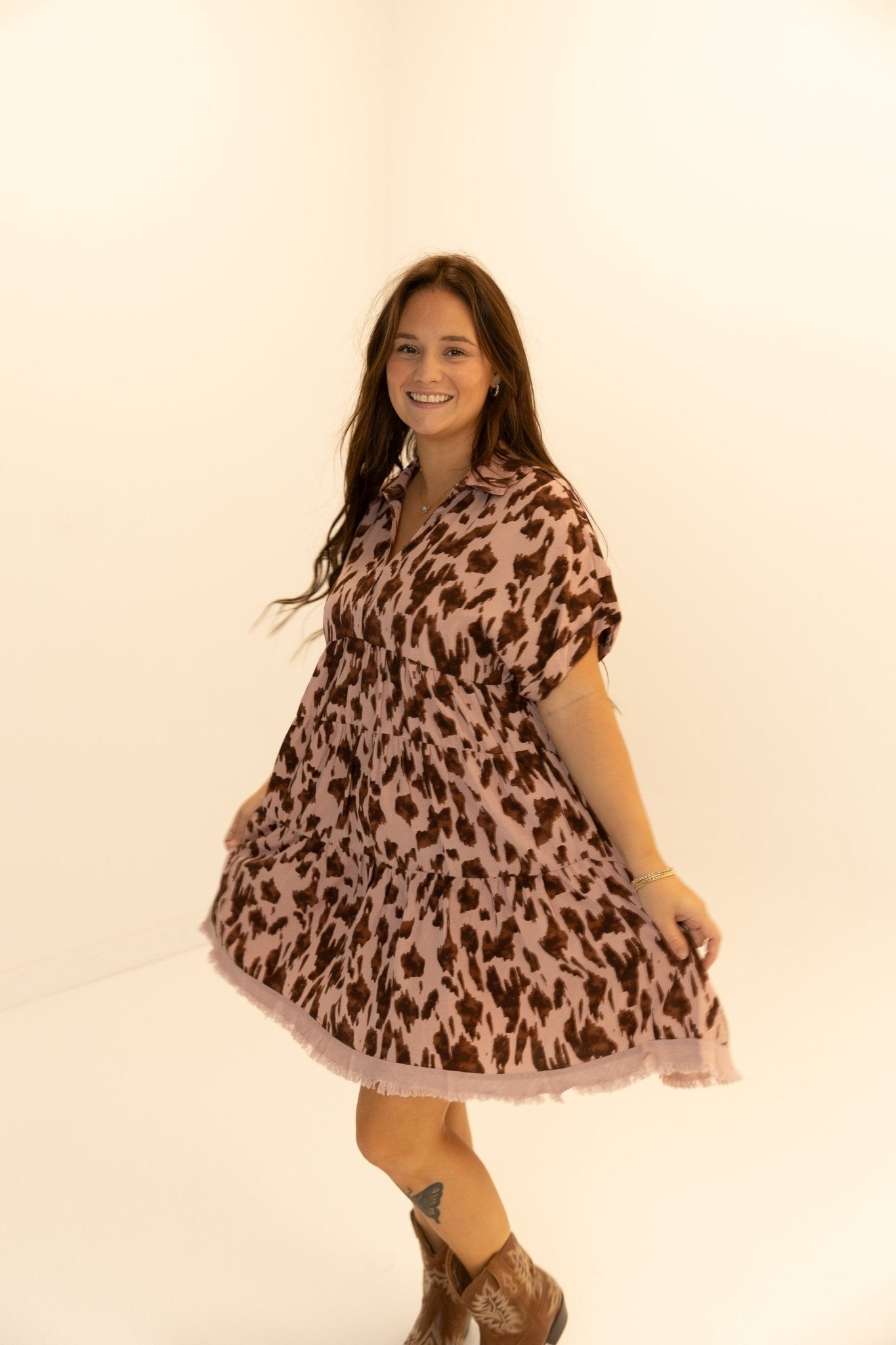 Animal Print Collared Split Neck Tiered Dress - Wild Azalea Boutique
