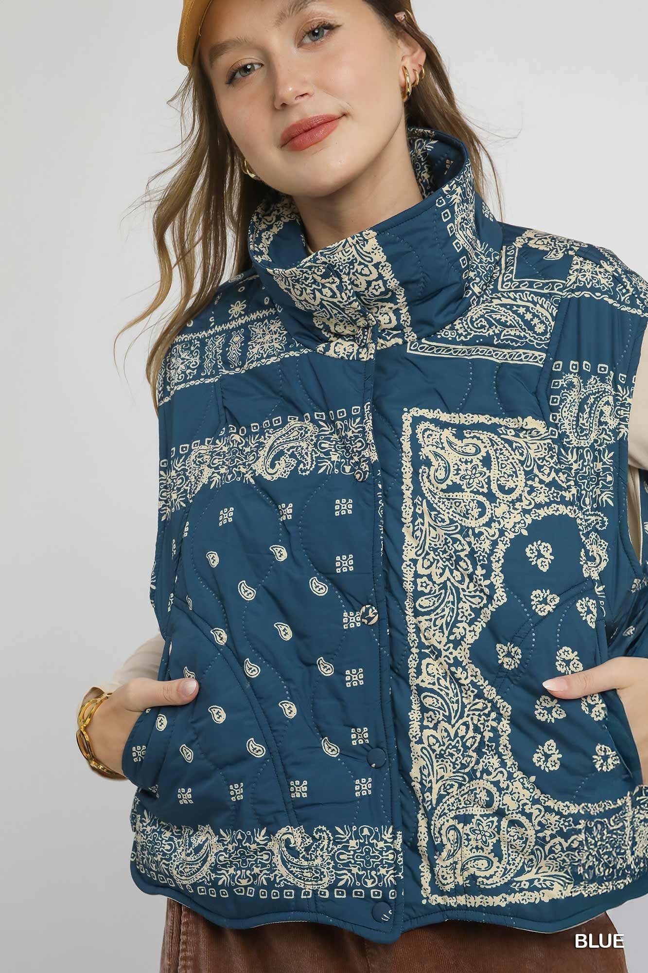 Bandana Print Quilted Puffer Vest - Wild Azalea Boutique