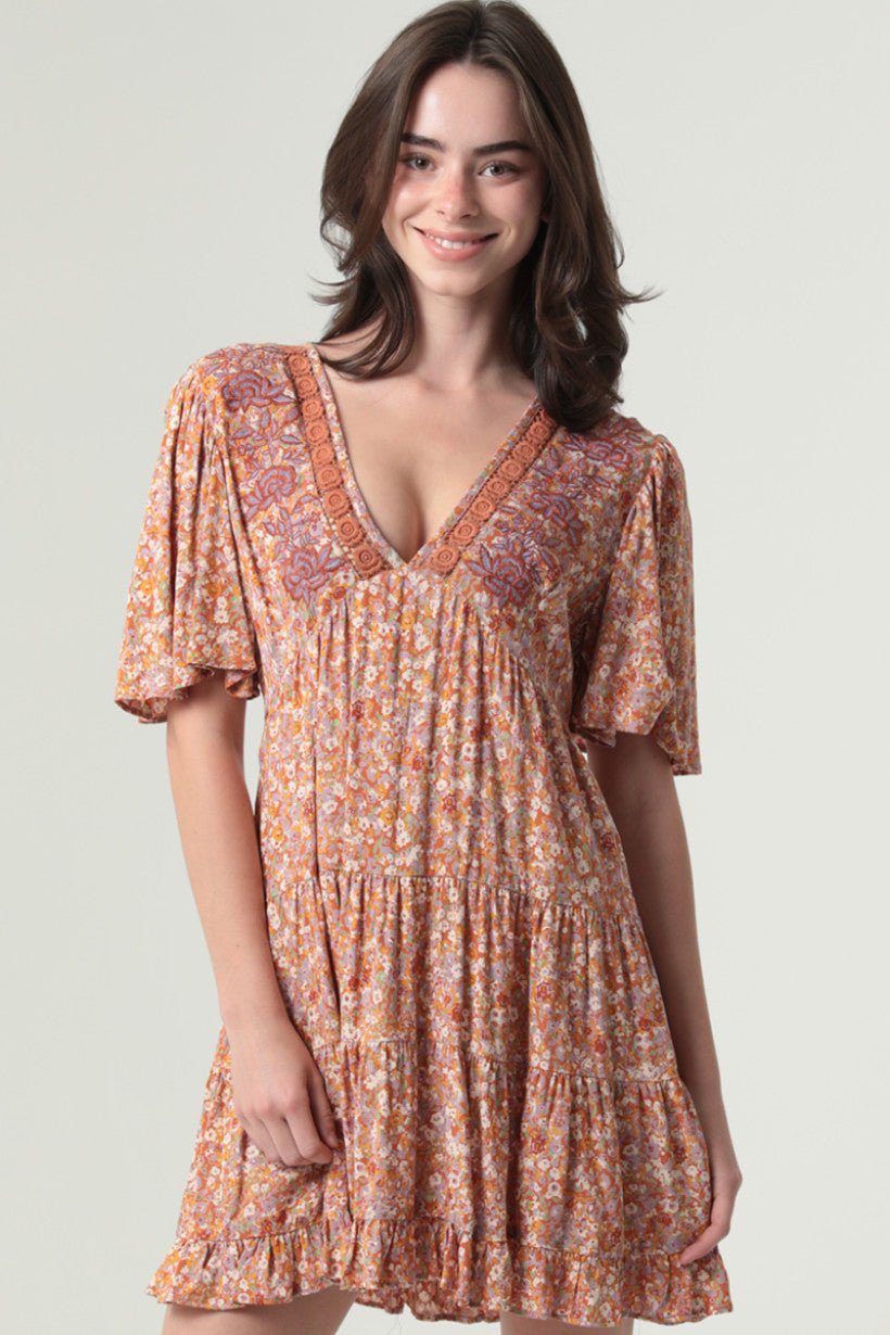 Boho Floral Tiered Fall Mini Dress - Wild Azalea Boutique