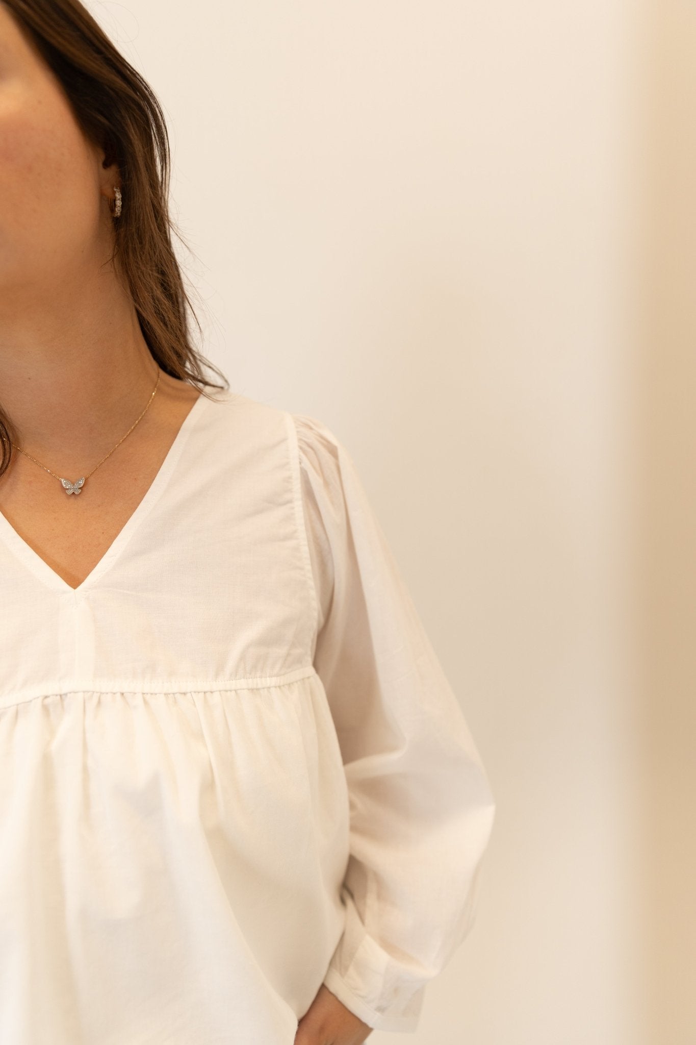 Cotton V - Neck Puff Sleeve Blouse - Wild Azalea Boutique