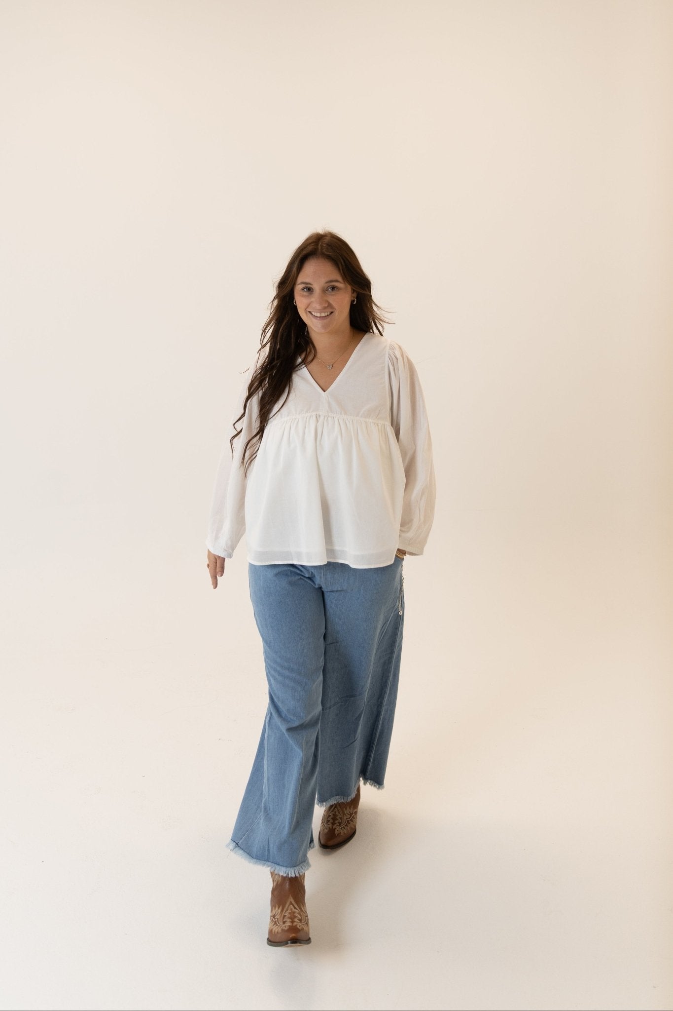 Cotton V - Neck Puff Sleeve Blouse - Wild Azalea Boutique