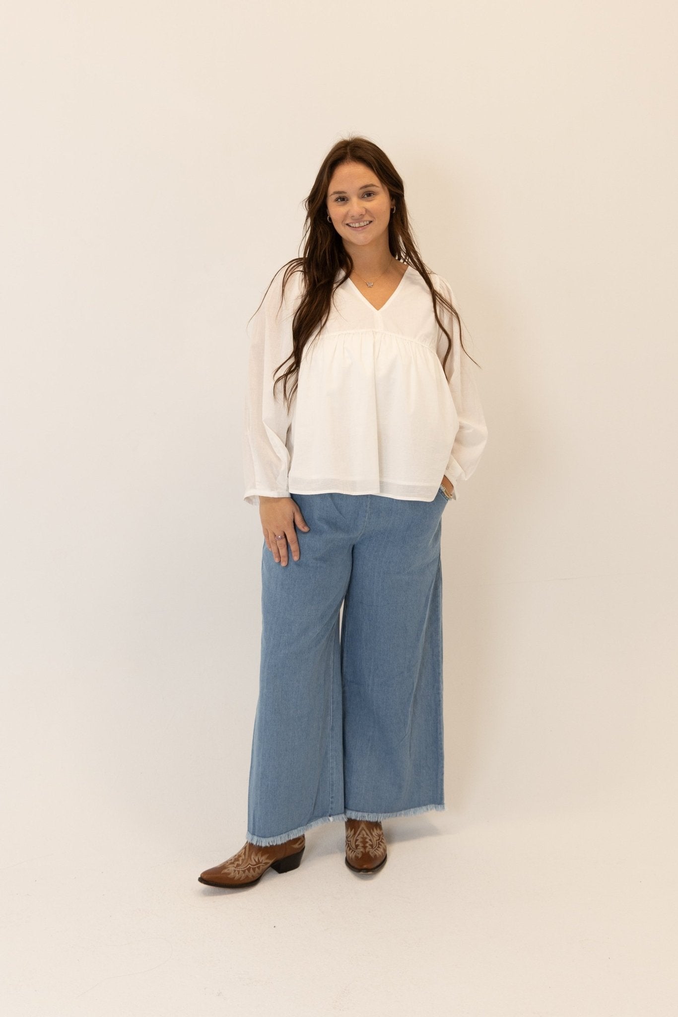 Cotton V - Neck Puff Sleeve Blouse - Wild Azalea Boutique