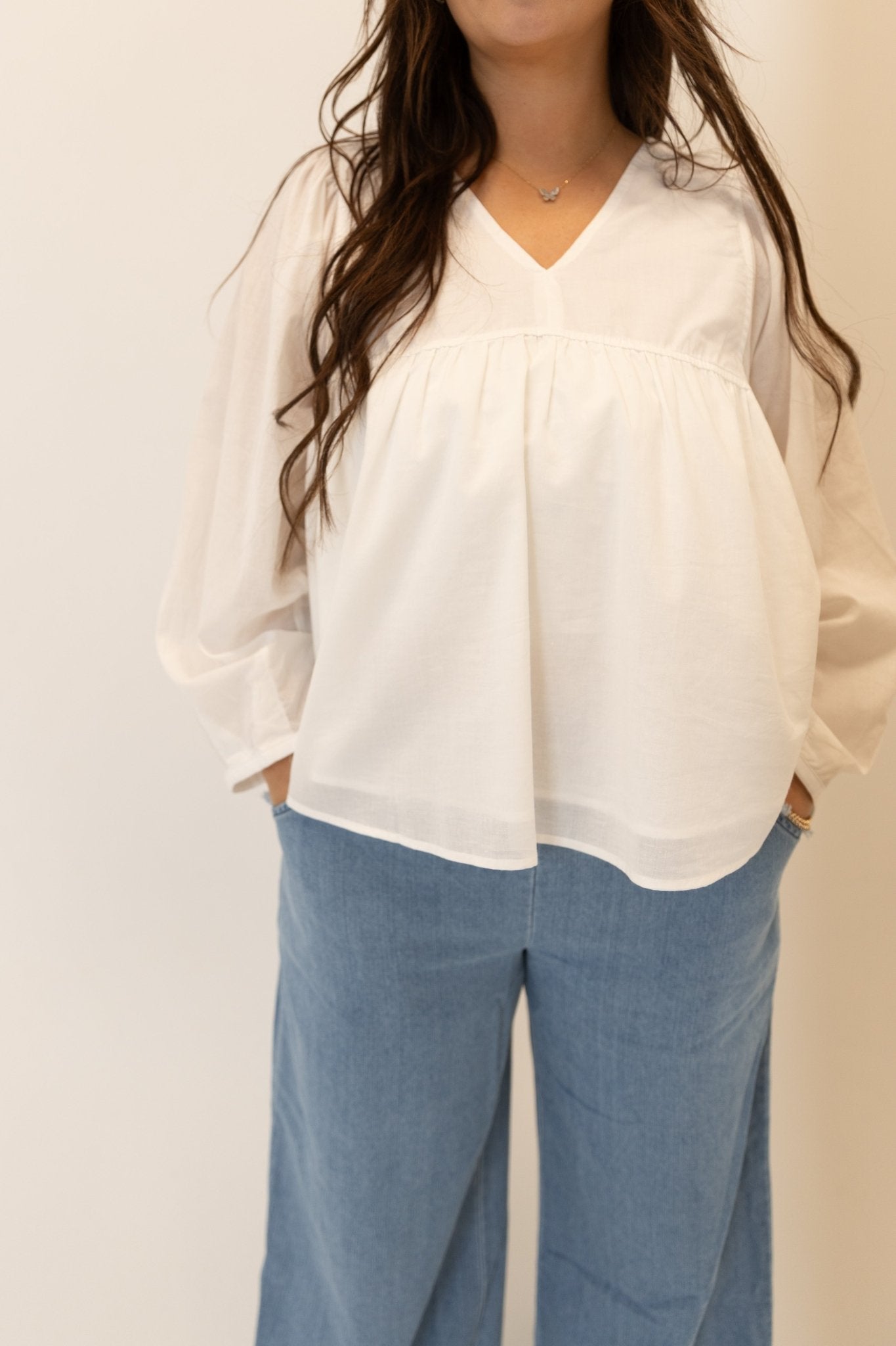 Cotton V - Neck Puff Sleeve Blouse - Wild Azalea Boutique