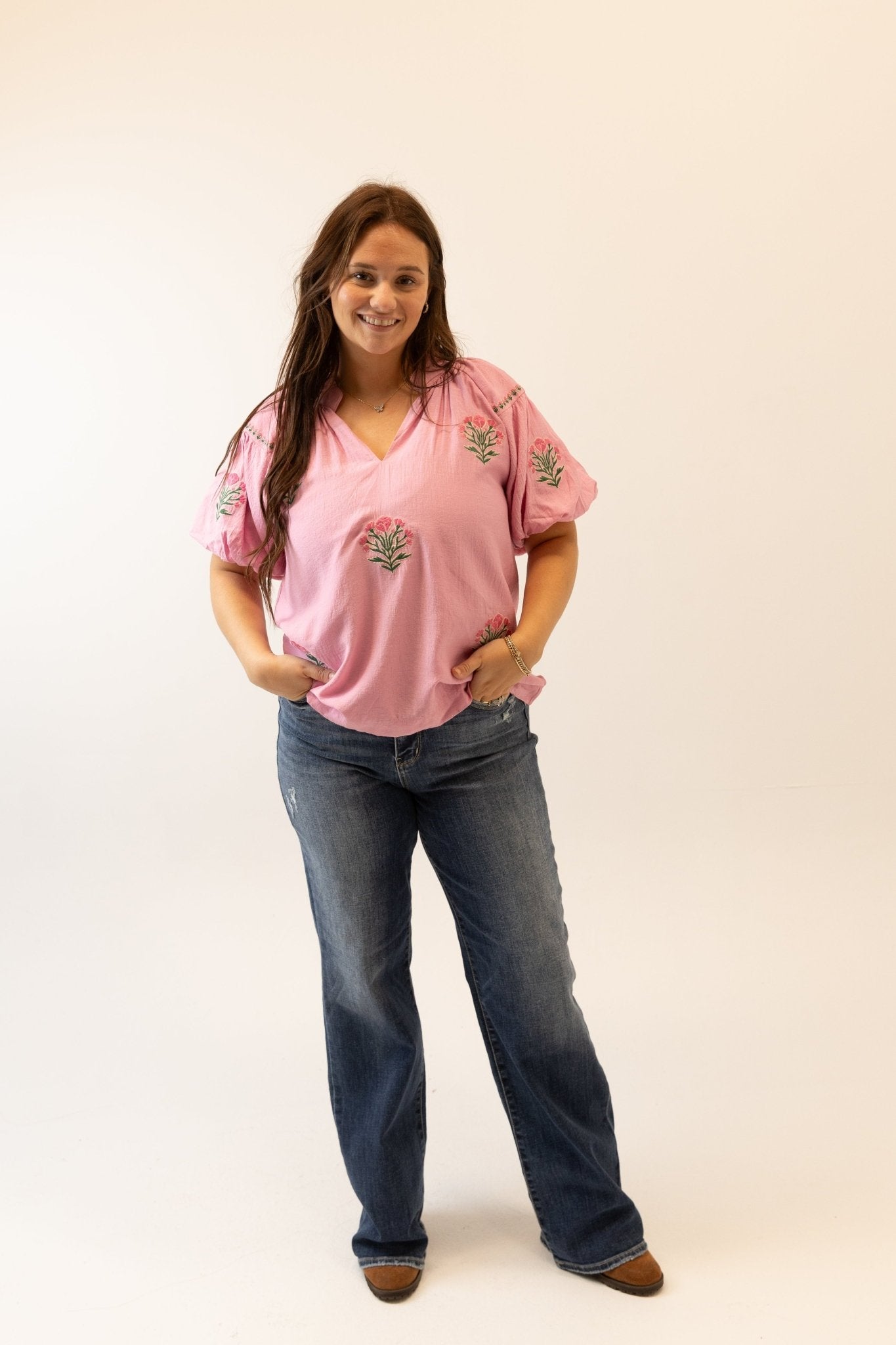 Embroidered Floral Puff Sleeve Blouse - Wild Azalea Boutique