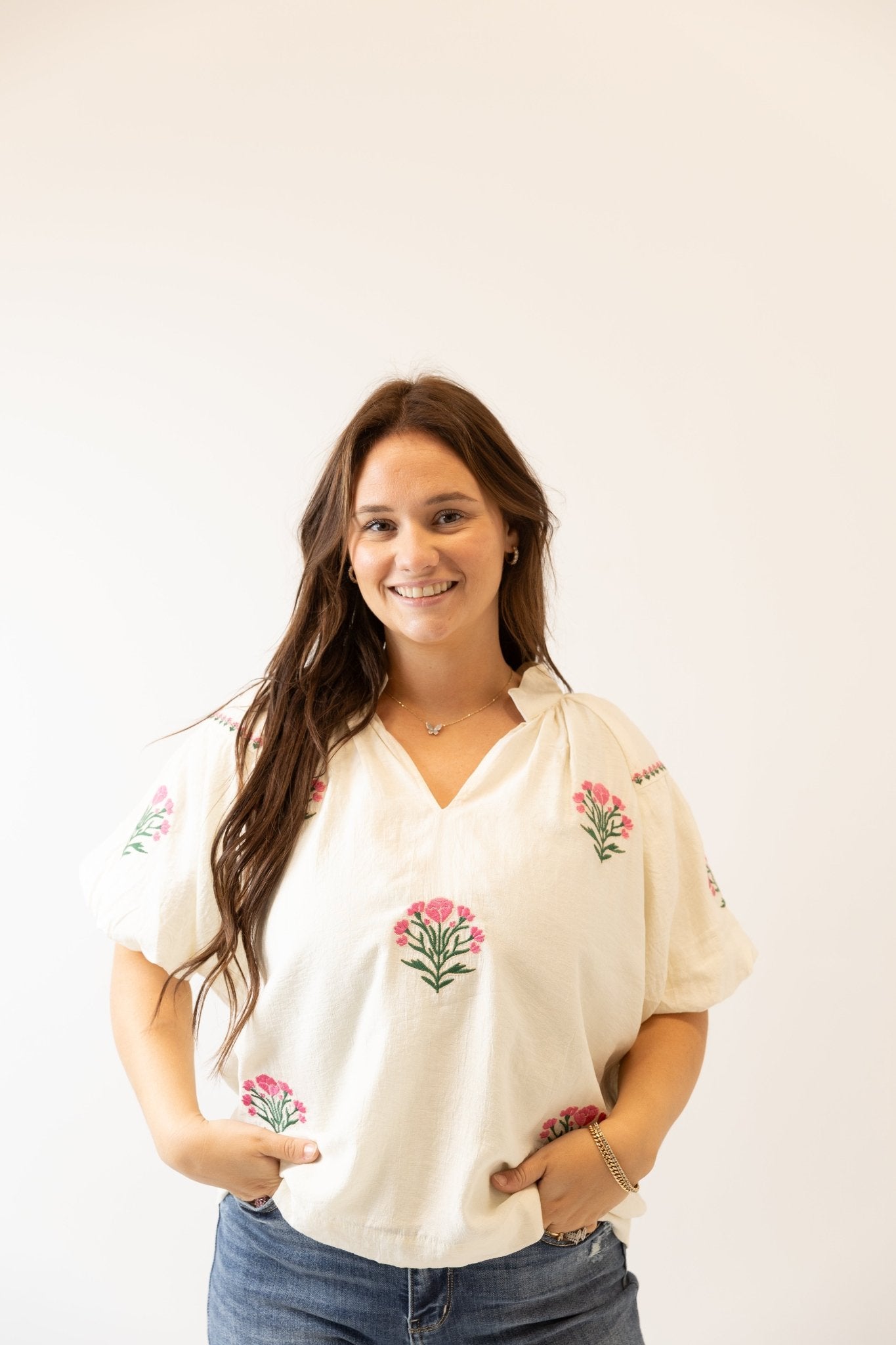 Embroidered Floral Puff Sleeve Blouse - Wild Azalea Boutique