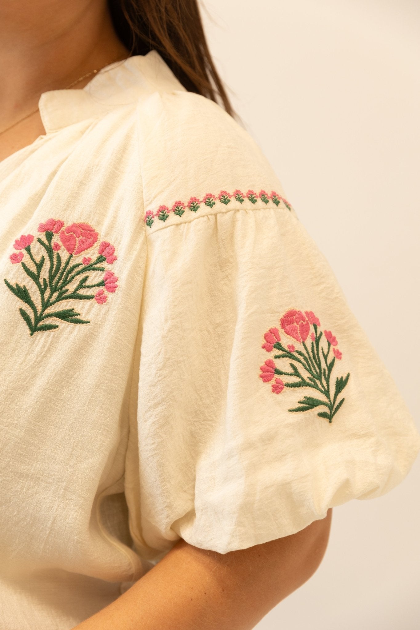 Embroidered Floral Puff Sleeve Blouse - Wild Azalea Boutique