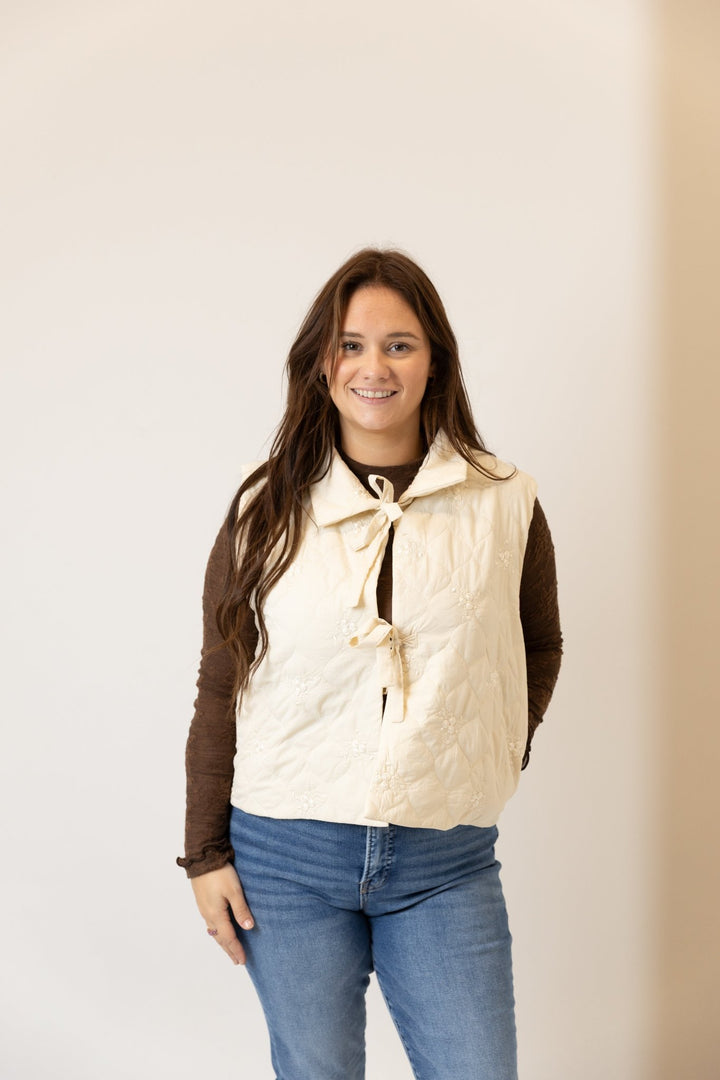 Embroidered Quilted Vest Ivory White - Wild Azalea Boutique