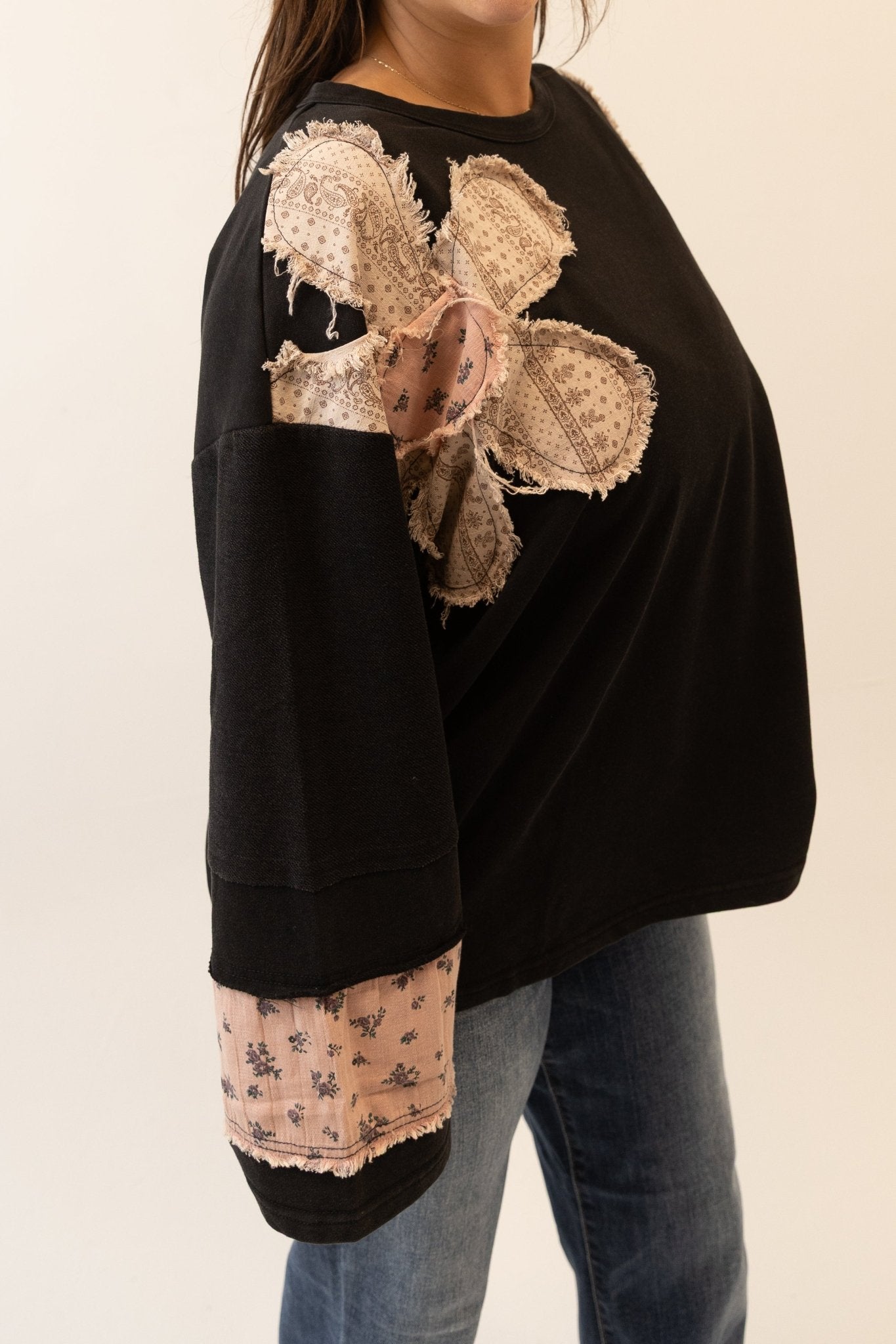 French Terry Patchwork Sleeve Pullover - Wild Azalea Boutique