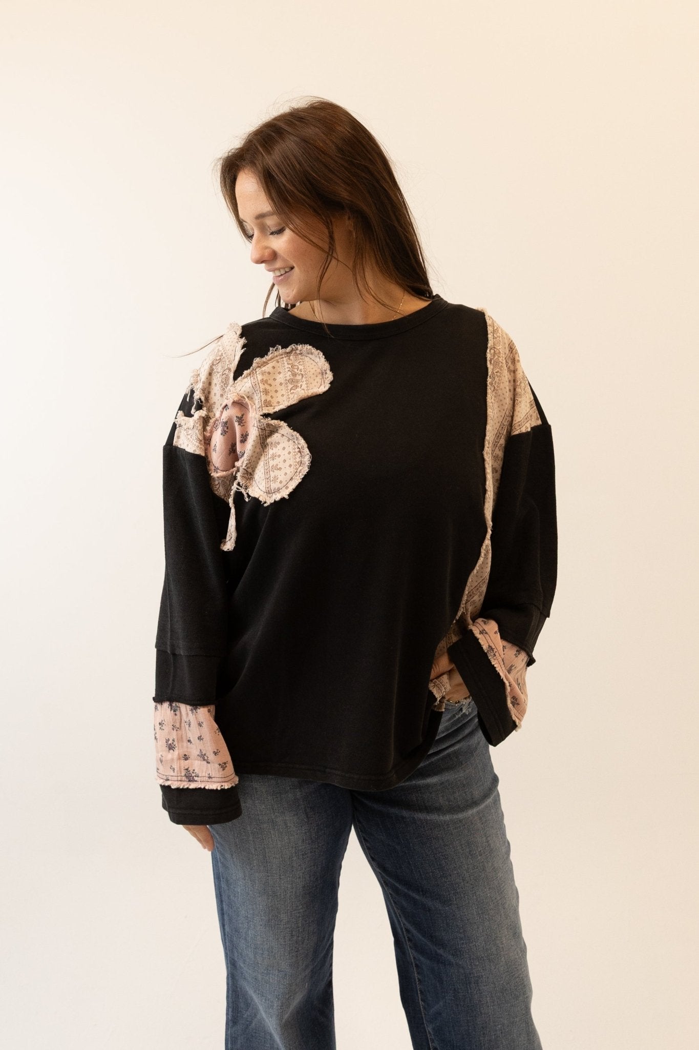 French Terry Patchwork Sleeve Pullover - Wild Azalea Boutique