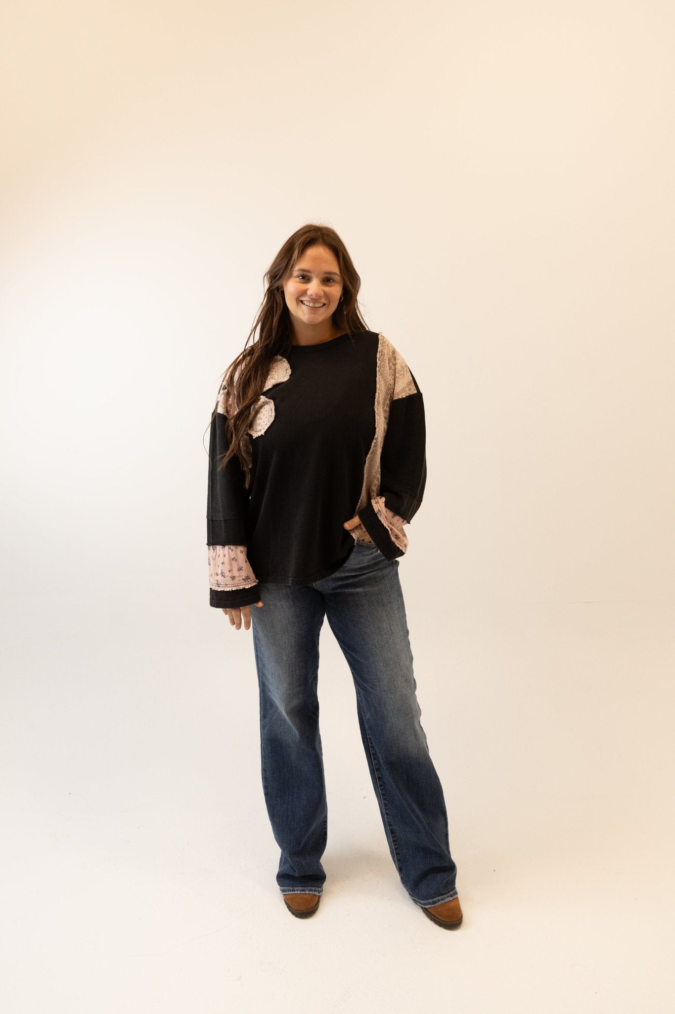 French Terry Patchwork Sleeve Pullover - Wild Azalea Boutique