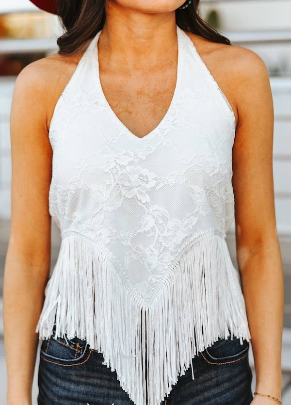 Ivory Lace Fringe Hem Halter Top - Wild Azalea Boutique
