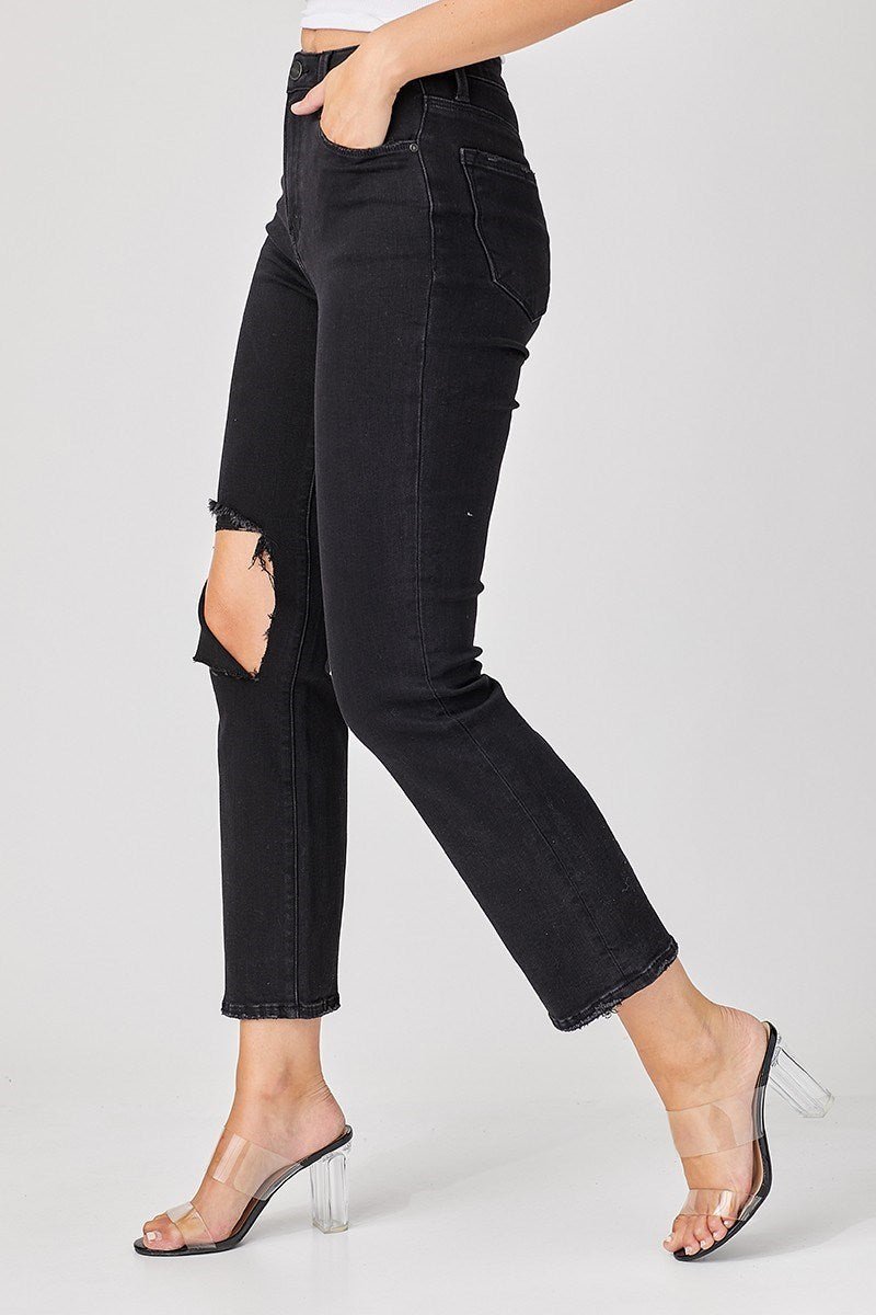 Risen High Rise Straight Leg Ankle Legnth Relaxed Distressed Jeans - Wild Azalea Boutique