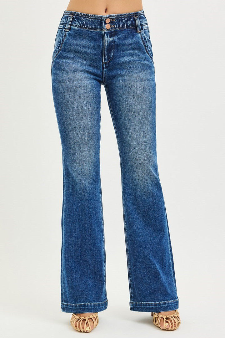 Risen High Waisted Double Button Flare Jeans - Wild Azalea Boutique