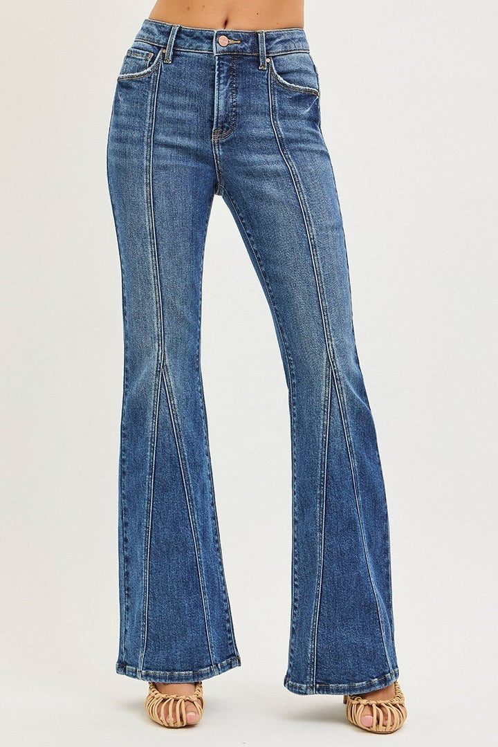 Risen Tummy Control High Waisted Flare Jeans with Front Seam - Wild Azalea Boutique