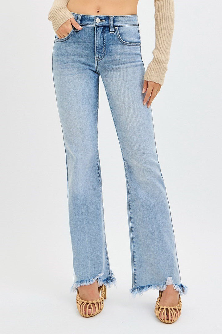 Risen Tummy Control Mid Rise Flare With Fray Hem Detailed Jeans - Wild Azalea Boutique