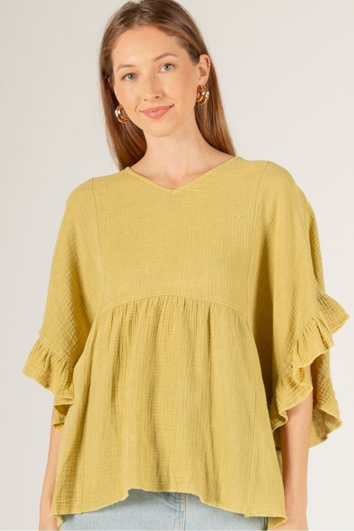 Ruffled Sleeve V - Neck Top Green - Wild Azalea Boutique