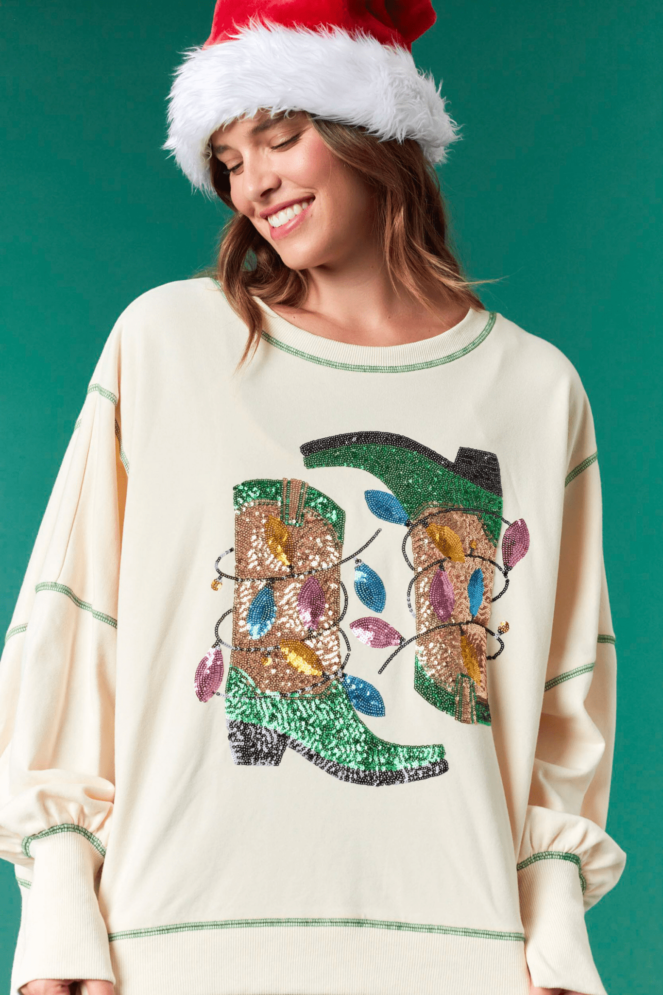 Sequins Western Boot with Light Detailed & Contrast Stitch High & Low Sweatshirt - Wild Azalea Boutique