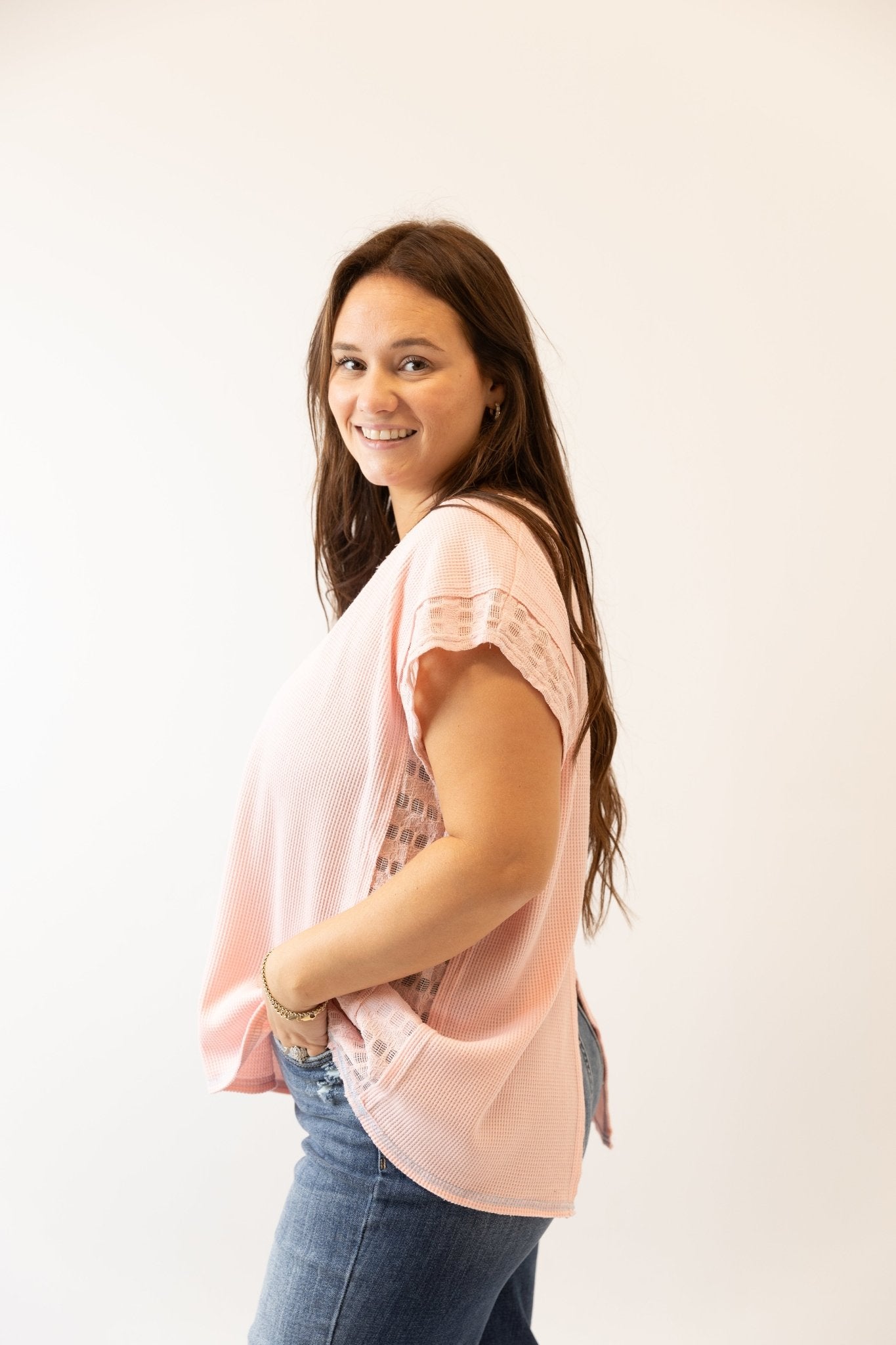 Short Sleeve Waffle Knit Top with Split - Back Accent - Wild Azalea Boutique