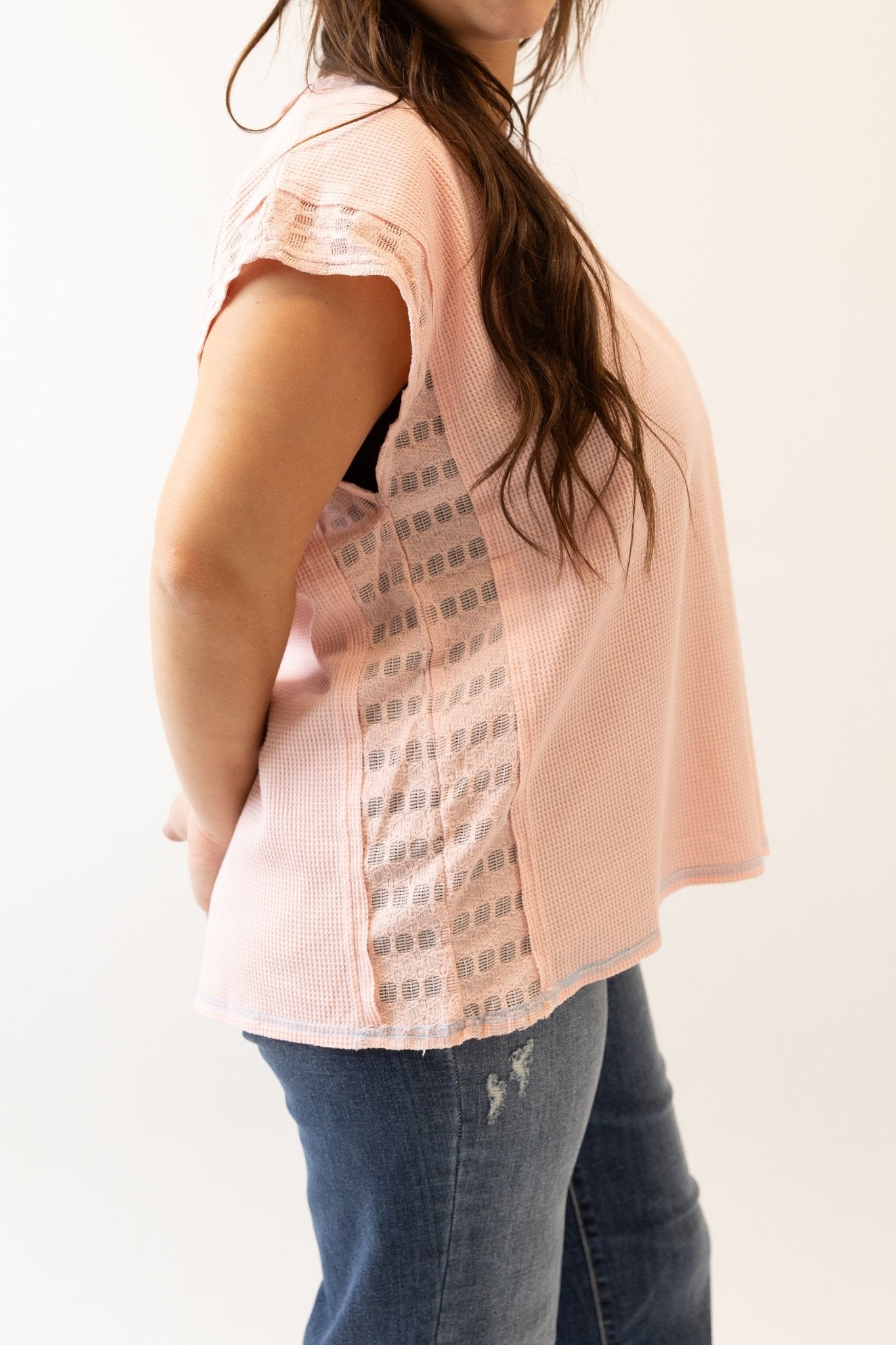 Short Sleeve Waffle Knit Top with Split - Back Accent - Wild Azalea Boutique