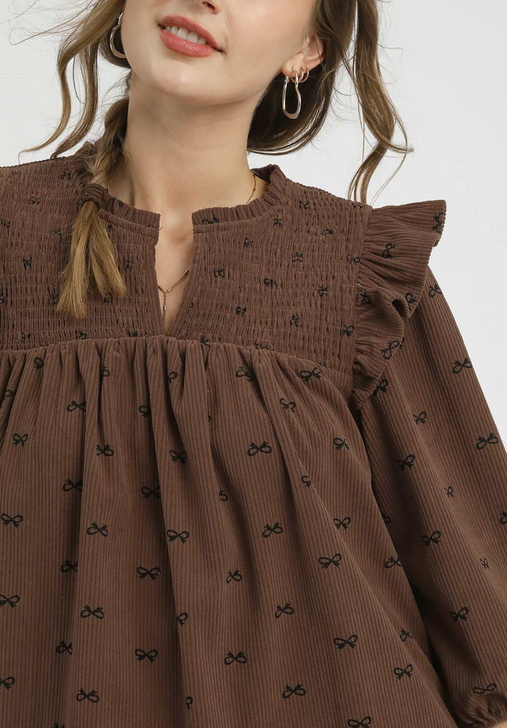Umgee Bow Smocked Babydoll Top - Wild Azalea Boutique