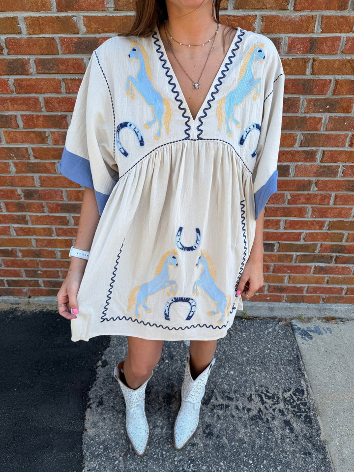 Umgee Western Horse Embroidered Babydoll Dress - Wild Azalea Boutique