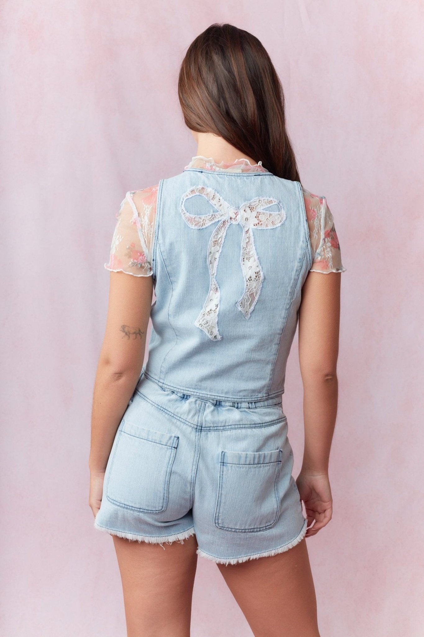 Washed Denim Bow Lace Vest - Wild Azalea Boutique