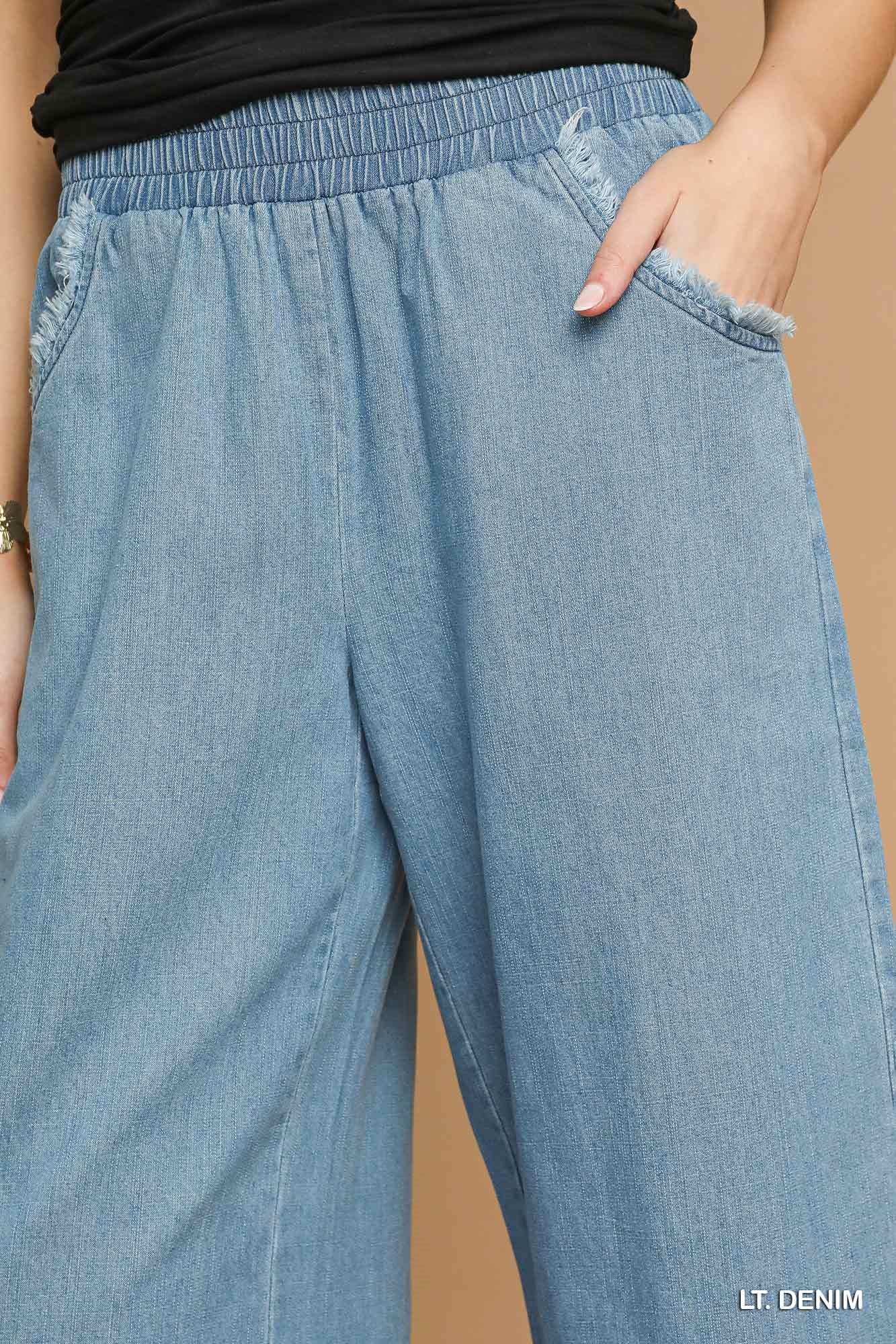Washed Denim Pants with Fringe Hem - Wild Azalea Boutique
