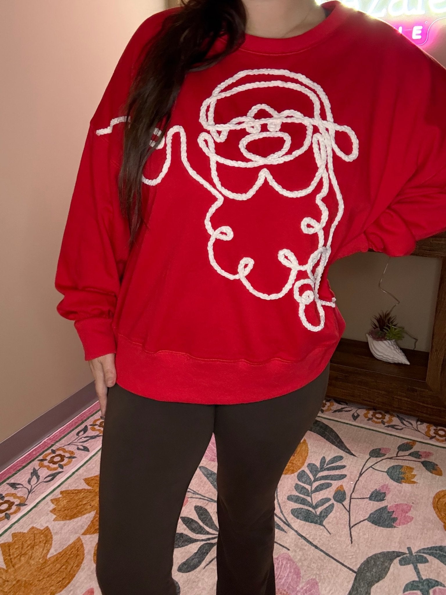 Yarn Embroidered Santa Long Sleeve T-Shirt - Wild Azalea Boutique