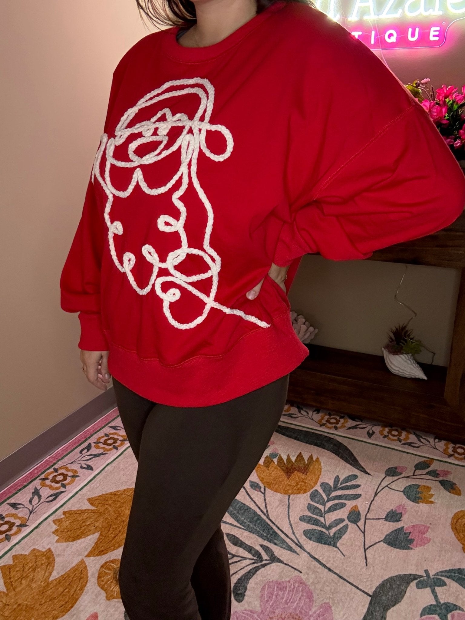 Yarn Embroidered Santa Long Sleeve T-Shirt - Wild Azalea Boutique