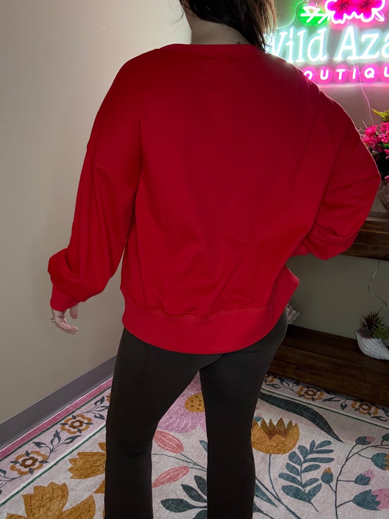 Yarn Embroidered Santa Long Sleeve T-Shirt - Wild Azalea Boutique