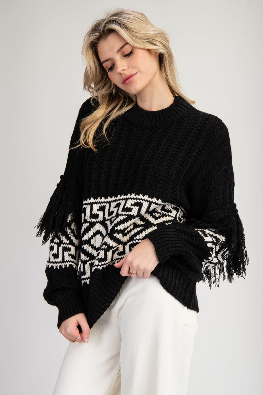 Aztec Printed Fringe Sweater