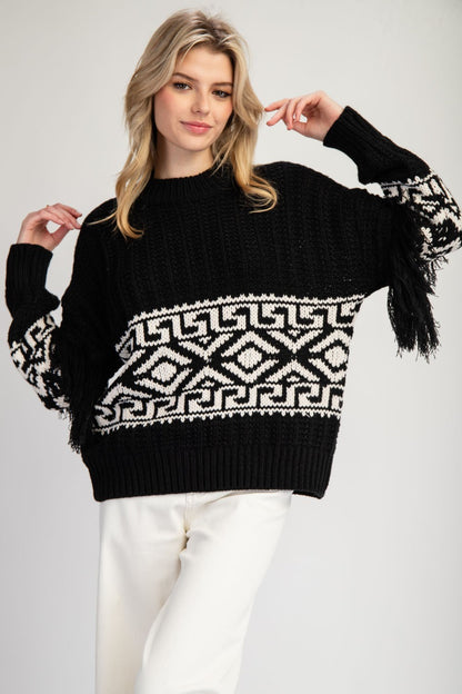 Aztec Printed Fringe Sweater
