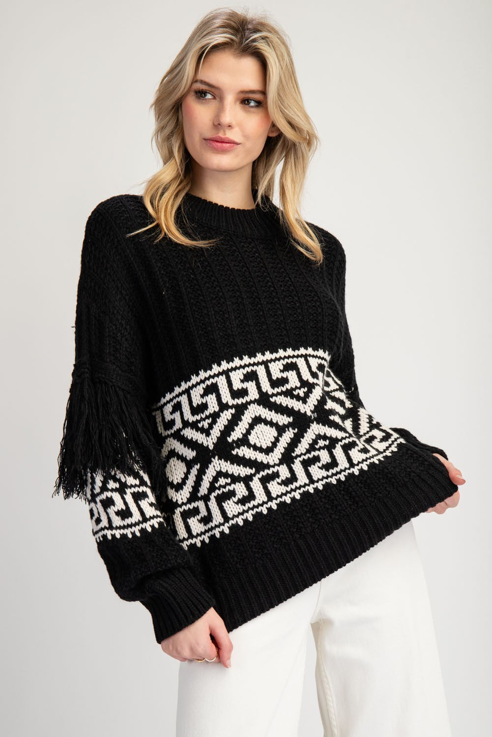Aztec Printed Fringe Sweater