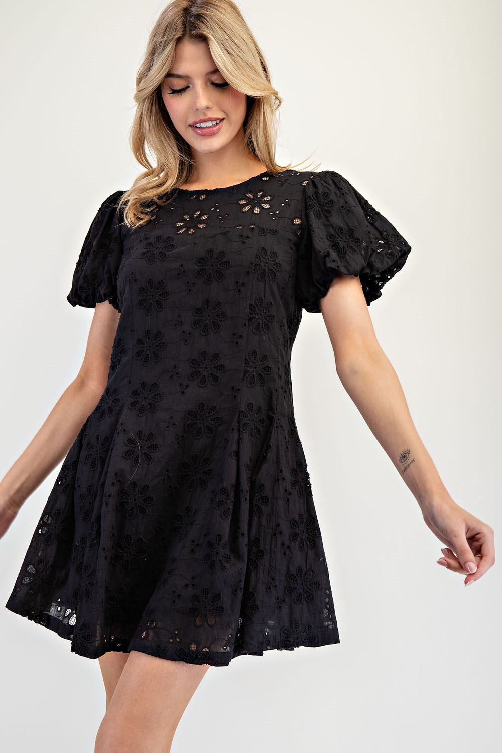 Lace Bubble Sleeve Mini Dress