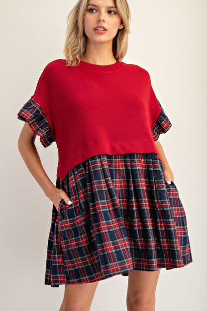 Plaid Ruffle Sleeve Mini Dress