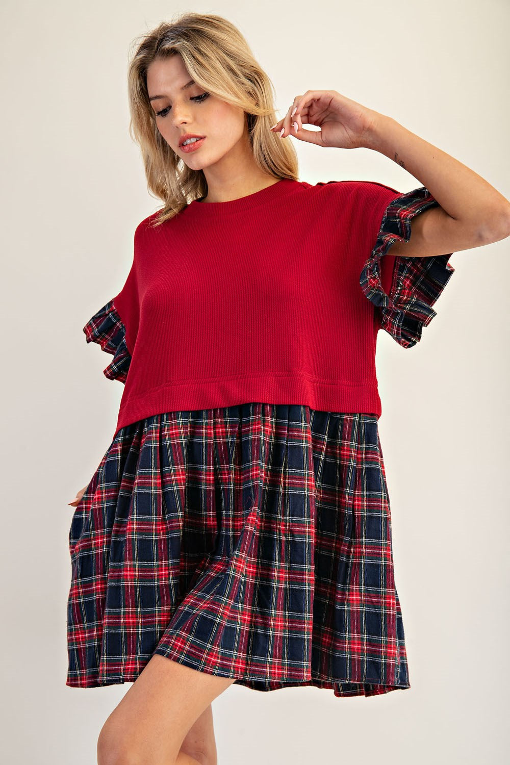 Plaid Ruffle Sleeve Mini Dress