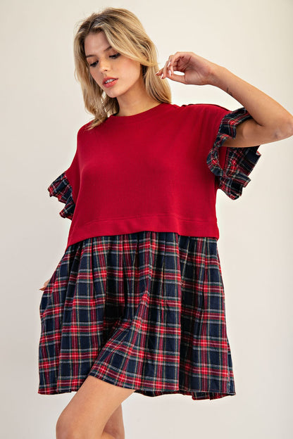 Plaid Ruffle Sleeve Mini Dress