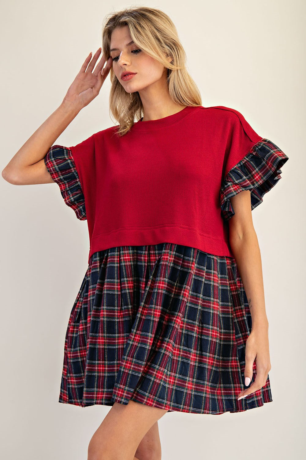 Plaid Ruffle Sleeve Mini Dress