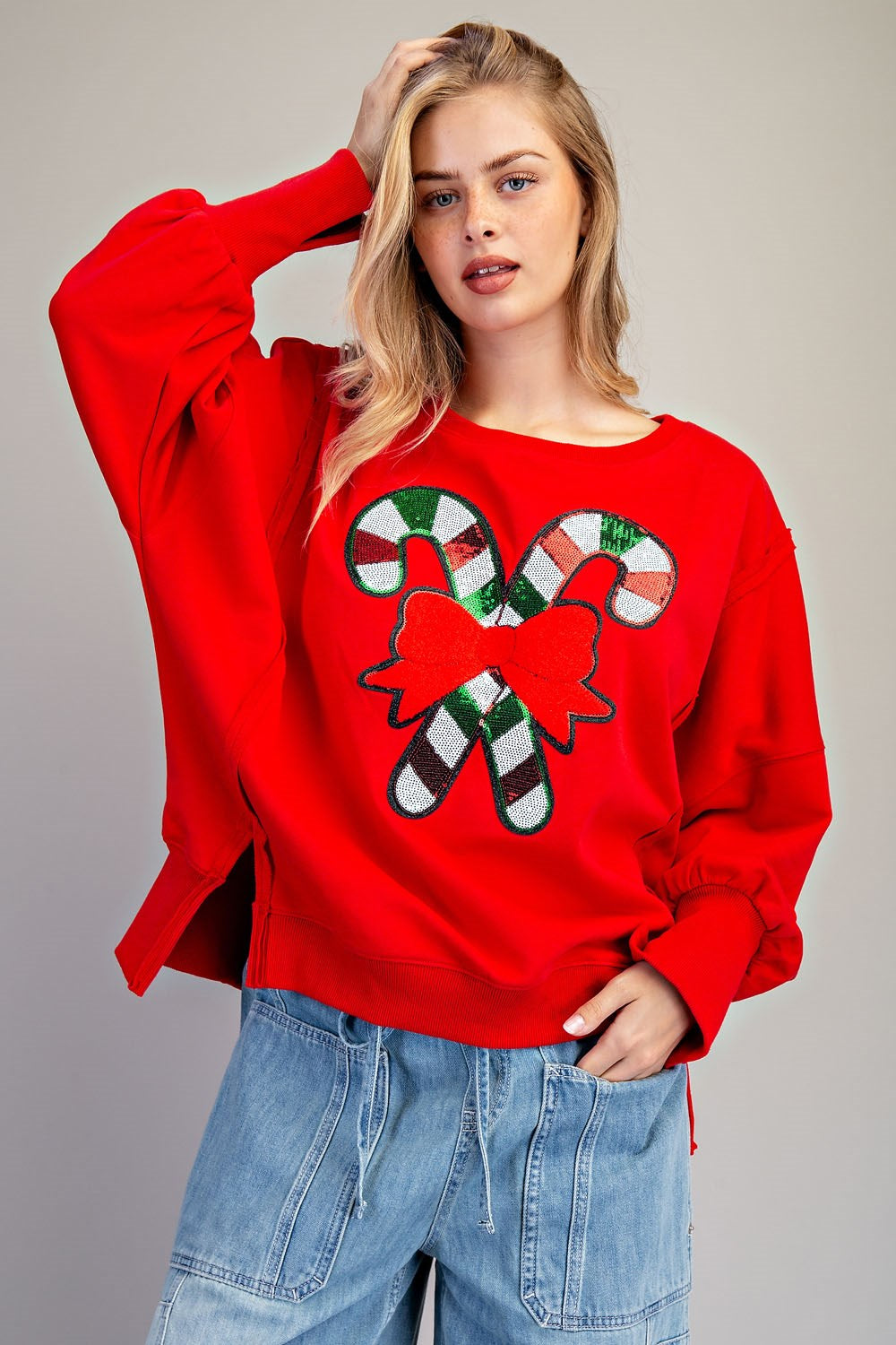 Candy Cane Sequin Dropped Shoulder Sweatshirt