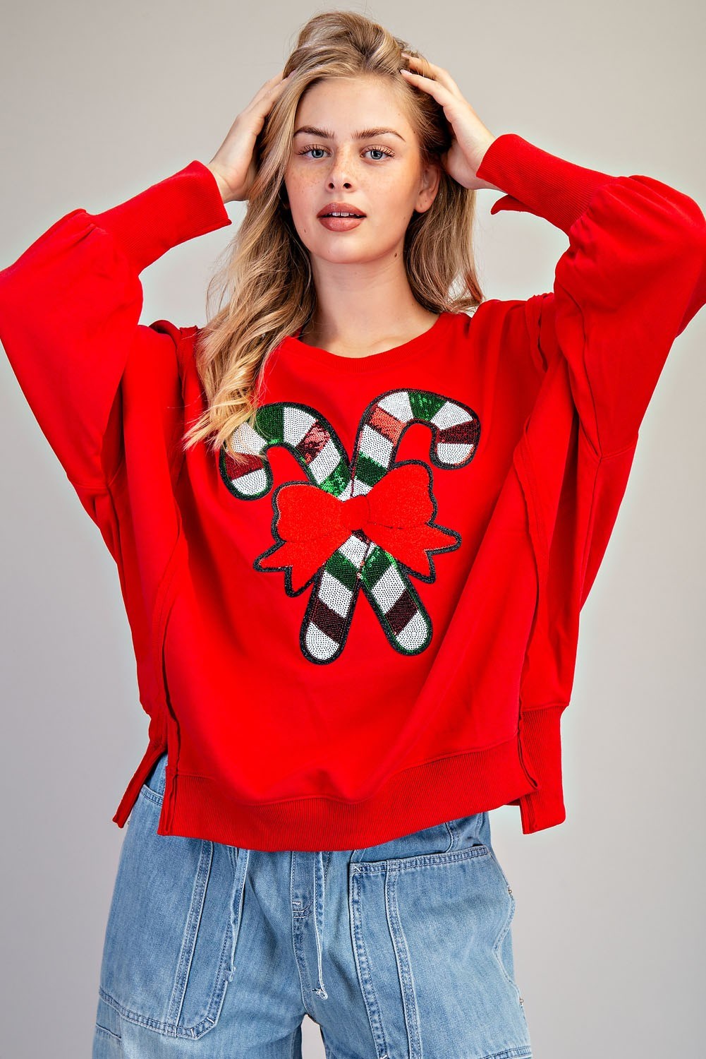 Candy Cane Sequin Dropped Shoulder Sweatshirt