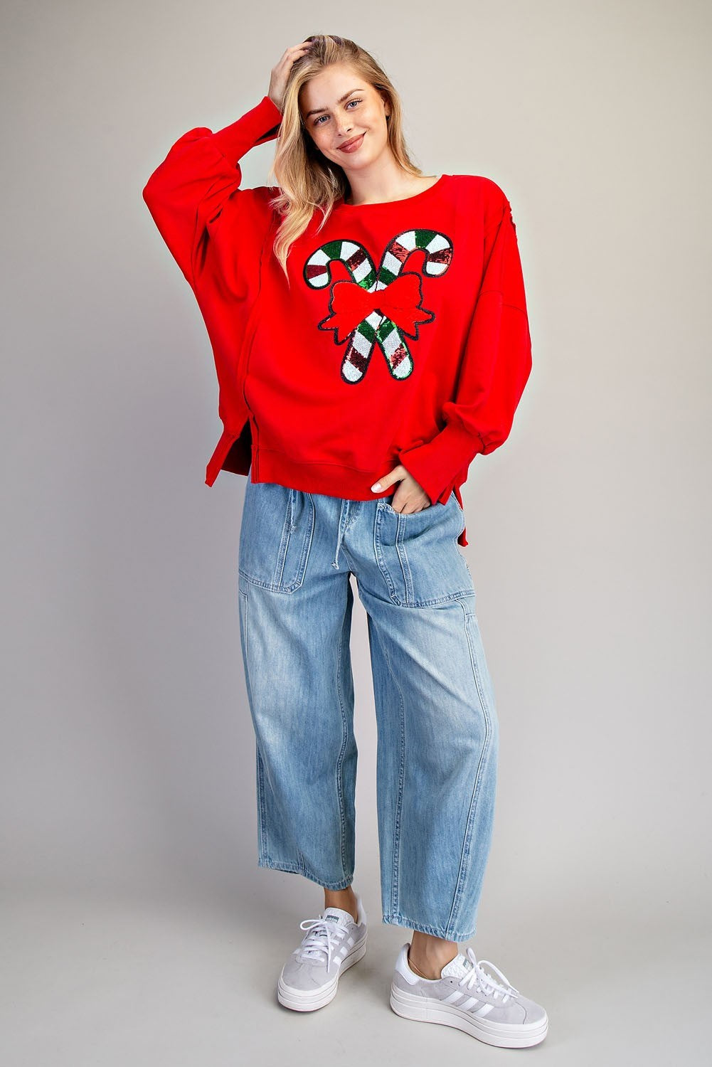 Candy Cane Sequin Dropped Shoulder Sweatshirt