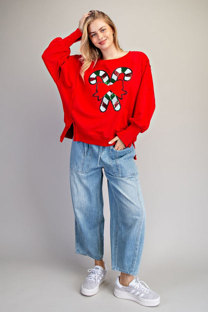 Candy Cane Sequin Dropped Shoulder Sweatshirt