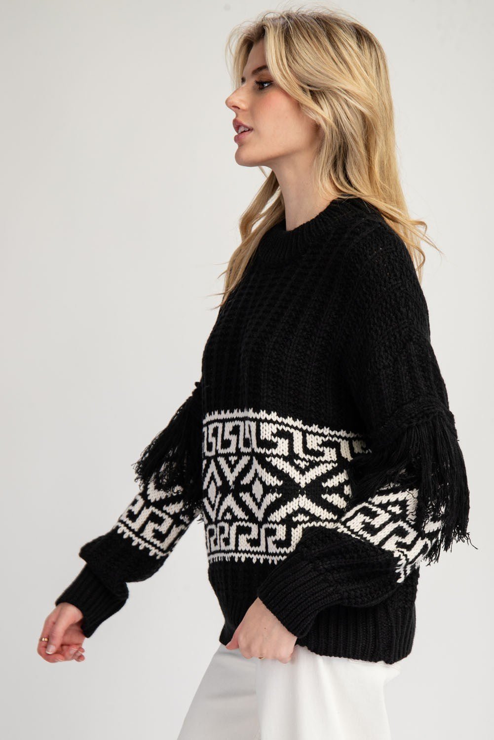 Aztec Printed Fringe Sweater - Wild Azalea Boutique