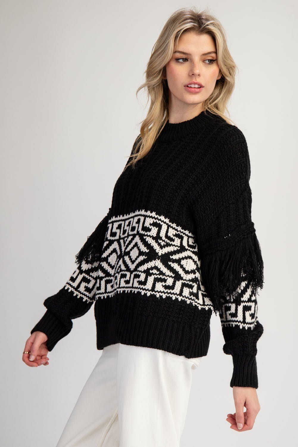 Aztec Printed Fringe Sweater - Wild Azalea Boutique
