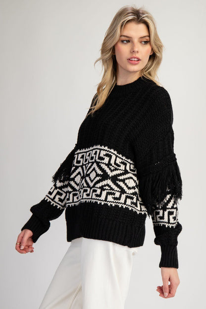 Aztec Printed Fringe Sweater - Wild Azalea Boutique