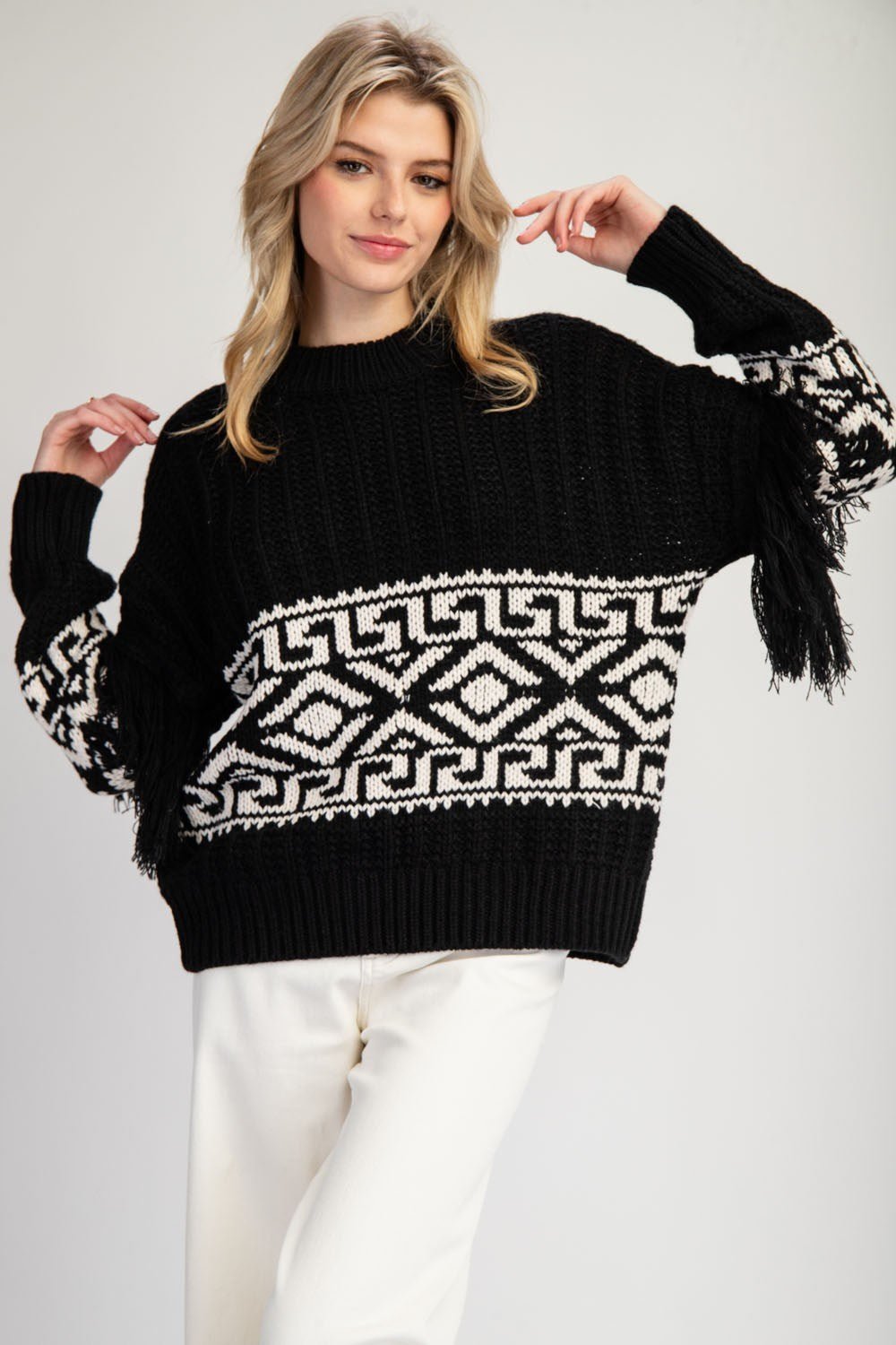 Aztec Printed Fringe Sweater - Wild Azalea Boutique
