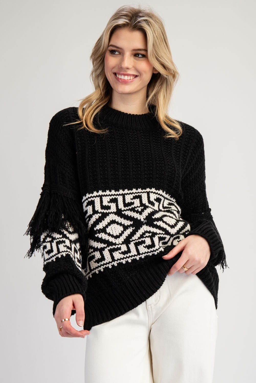 Aztec Printed Fringe Sweater - Wild Azalea Boutique